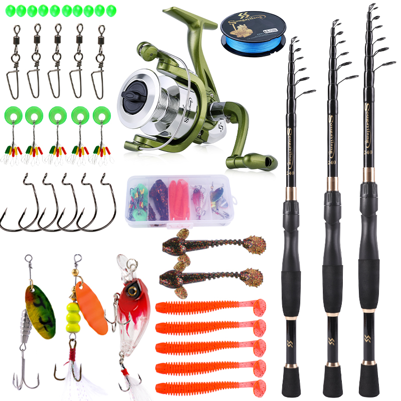 Spincast Reel - Sougayilang ชุดตกปลาแบบยืดหดได้, ชุดตกปลาคาร์บอนไฟเบอร์ยาว1.8-2.4เมตรชุดตกปลารอกหมุน1000 4000พร้อมอุปกรณ์เสริมเอ็นตกปลา